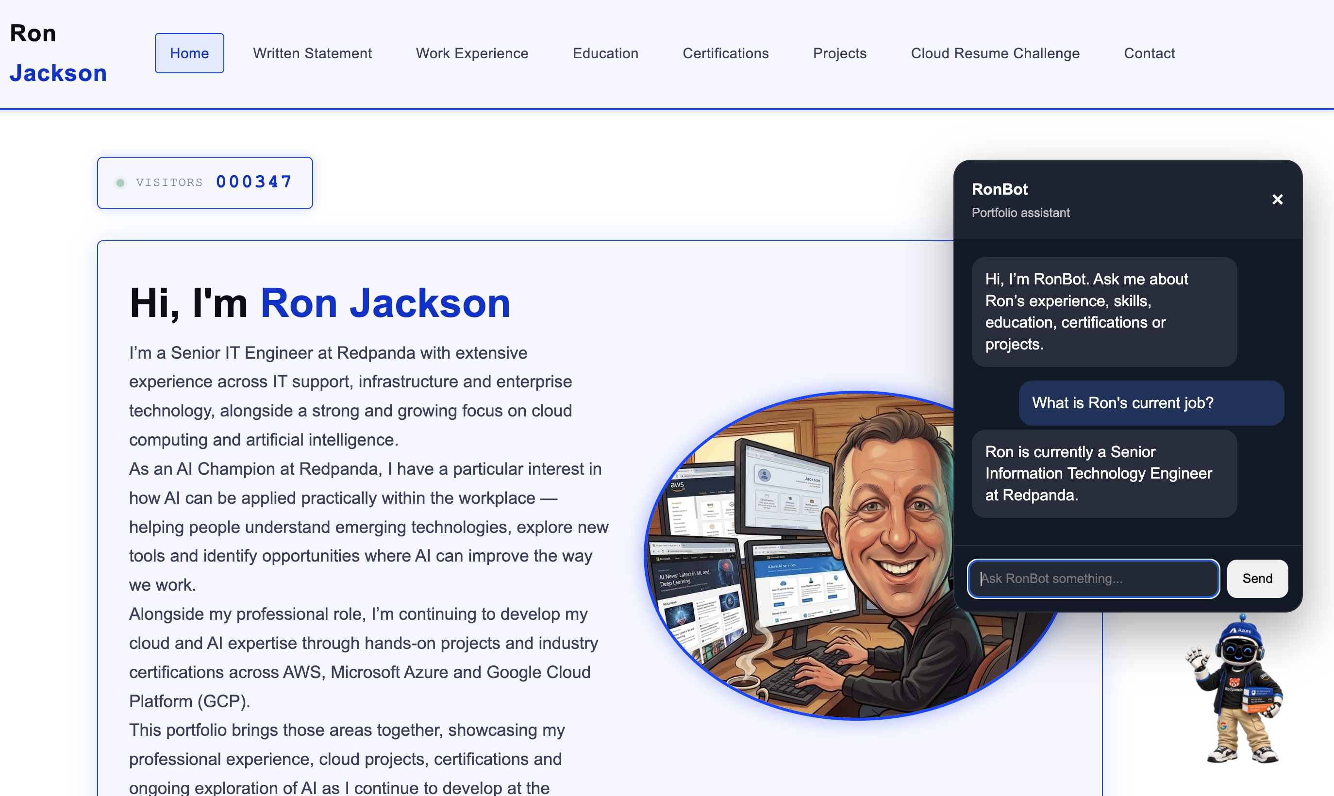 RonBot open on Ron Jackson's portfolio homepage, answering a question about Ron's current role at Redpanda.