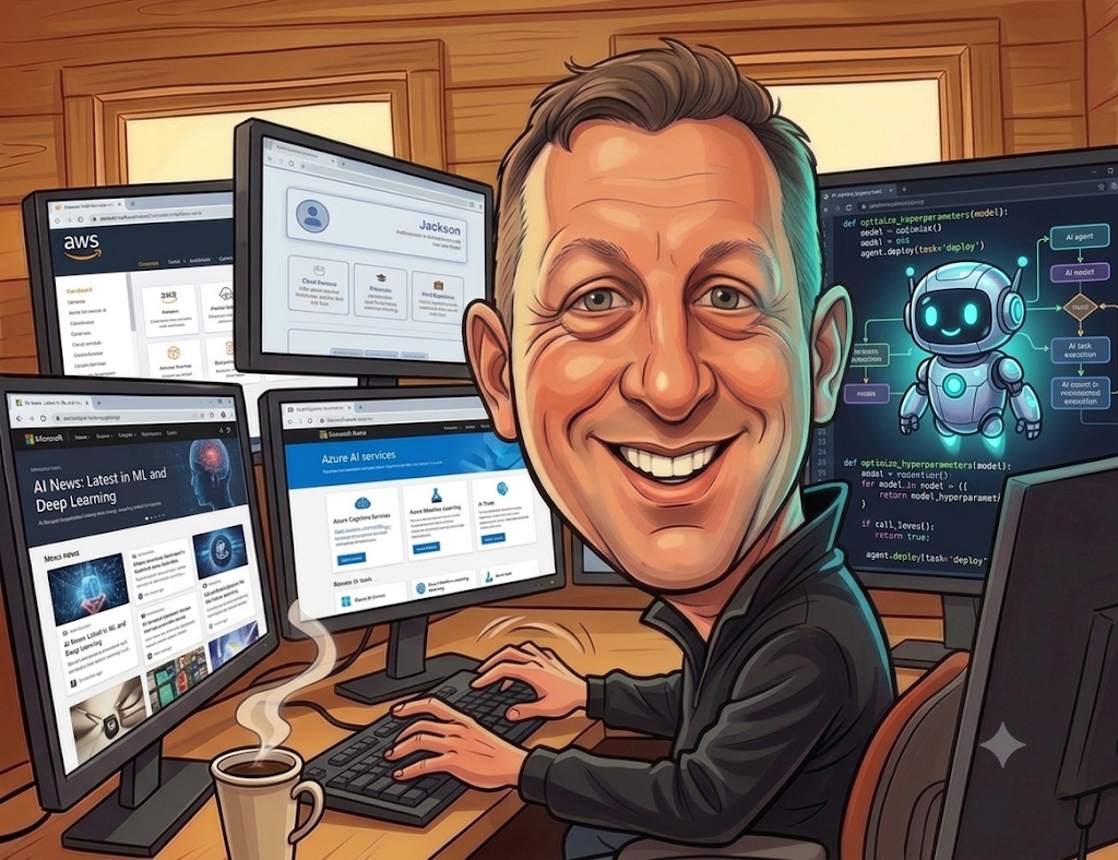 Illustrated portrait of Ron Jackson working at a cloud and AI workstation